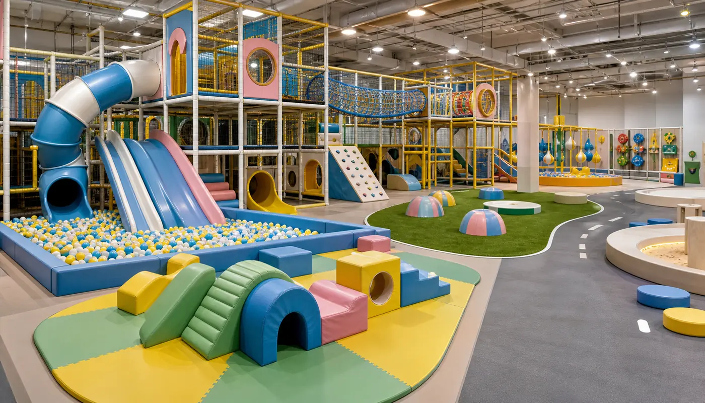Commercial indoor playground zones with soft play slides climbing and interactive play areas
