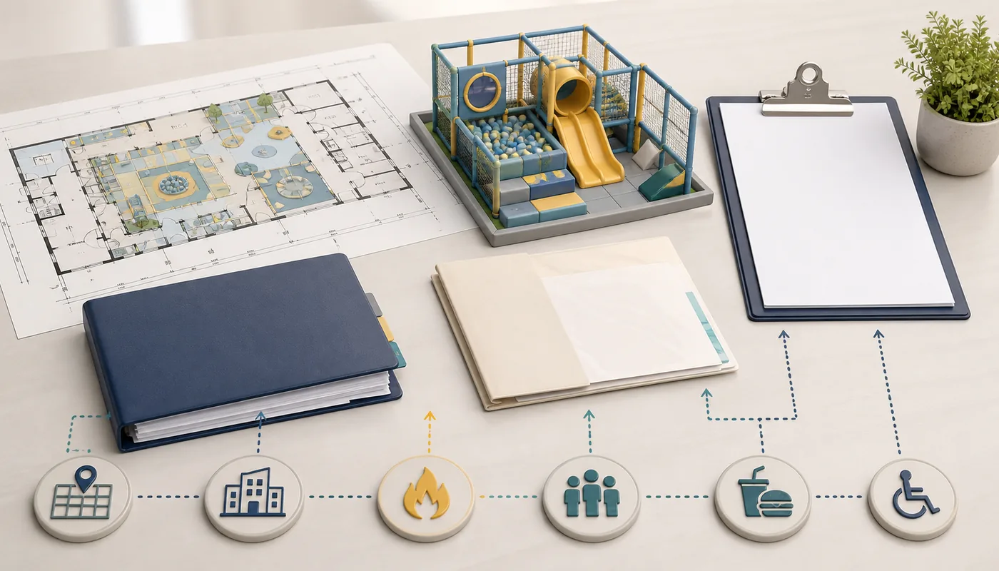 Indoor playground opening-readiness review with a floor plan, permit tracker, business plan, insurance notes, and operating checklist