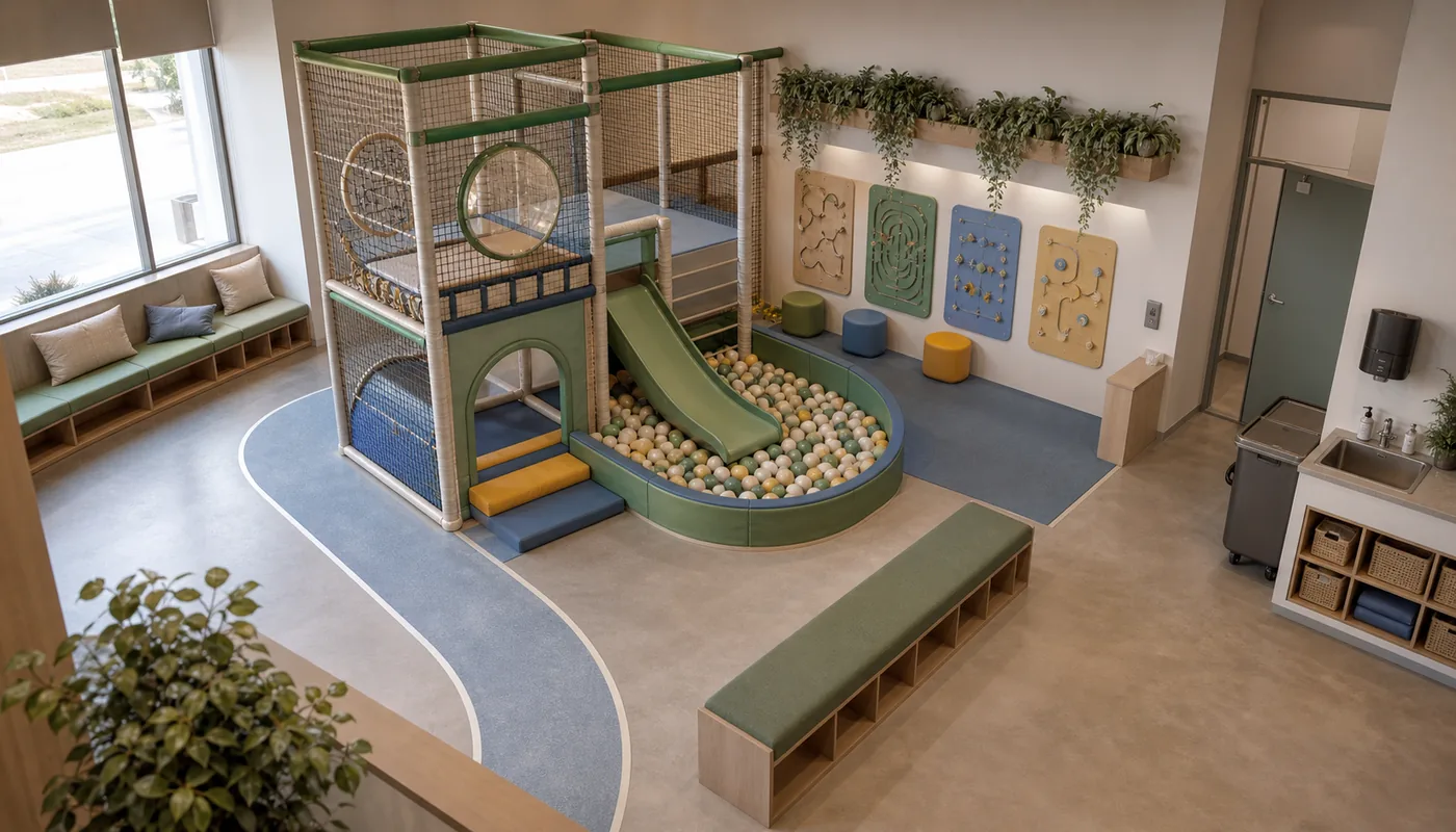 Compact commercial play venue with vertical activity clear circulation caregiver seating and visible service access.