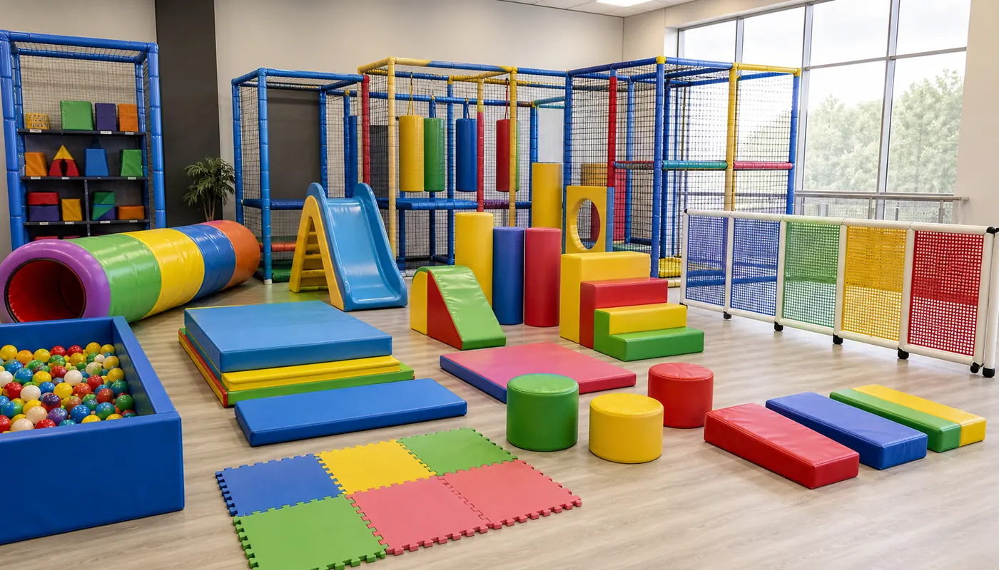 Soft play equipment components including padded structures, mats, tunnels, slides, and foam shapes.