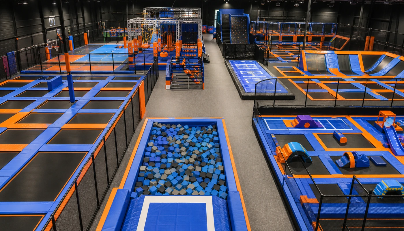 Indoor trampoline park zones showing different attraction types that affect equipment scope.