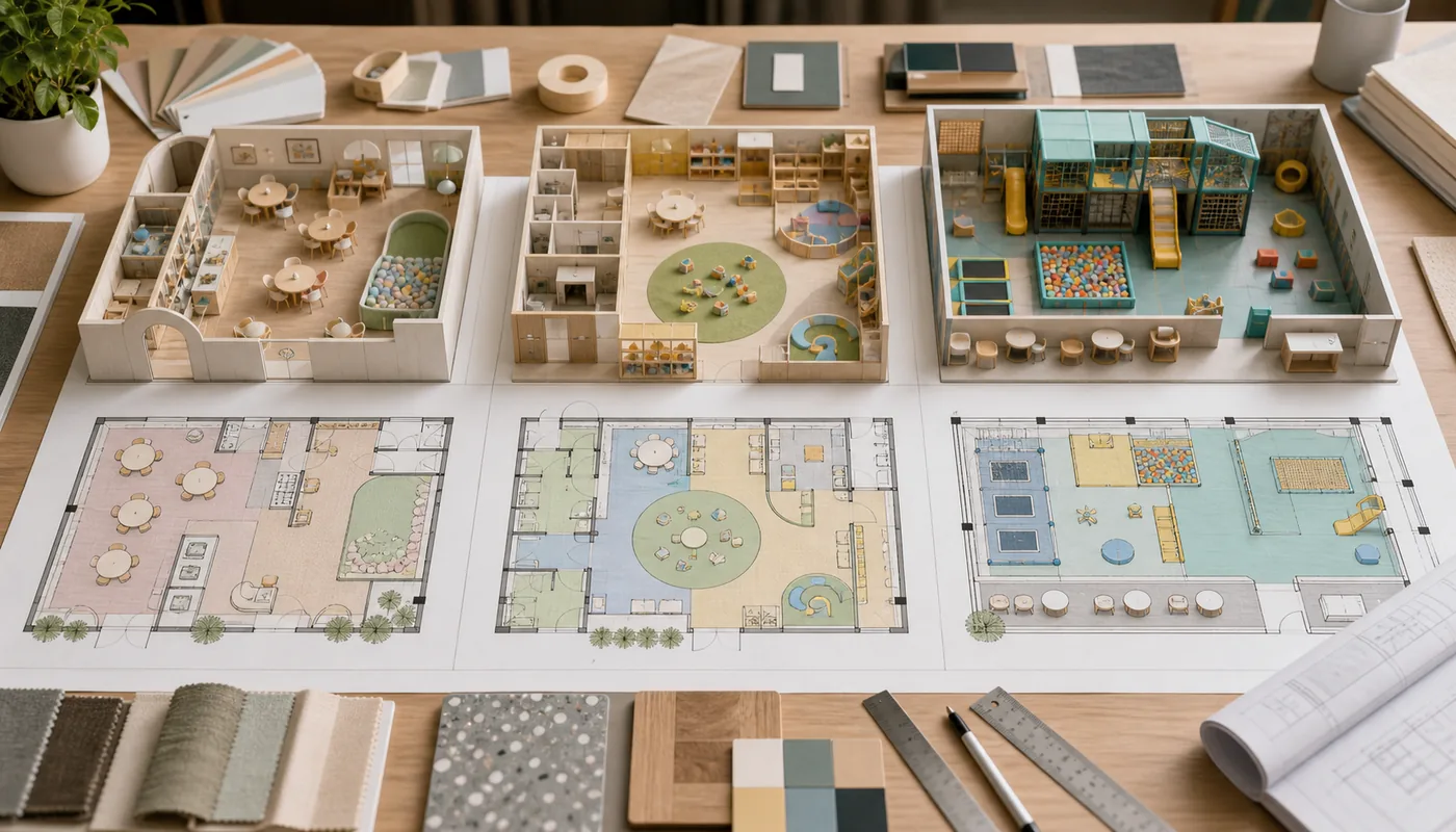 Commercial floor plan comparing play cafe daycare and indoor playground areas