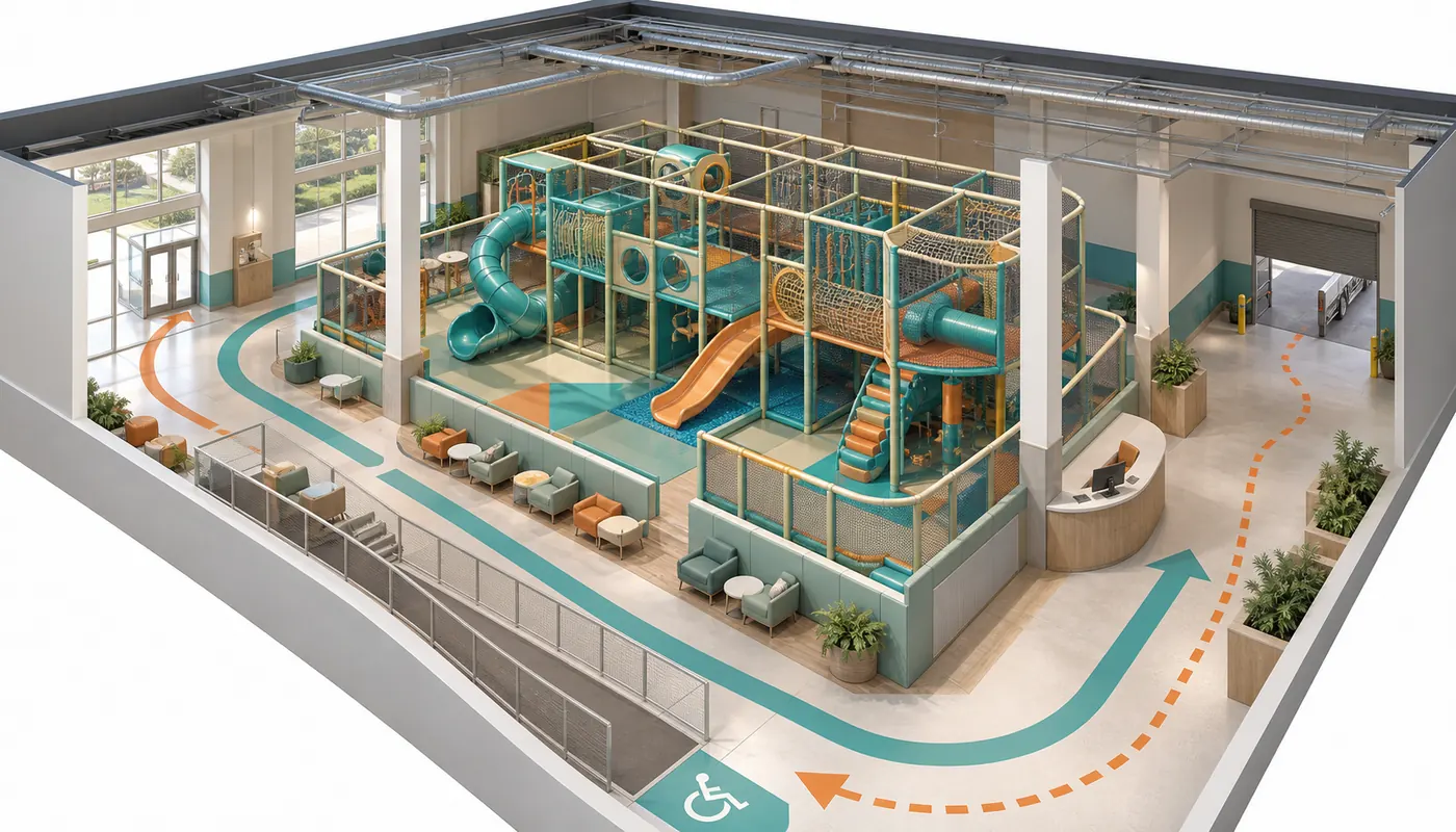 Commercial indoor play site review showing floor plan clear height circulation accessible route and supervision sightlines.