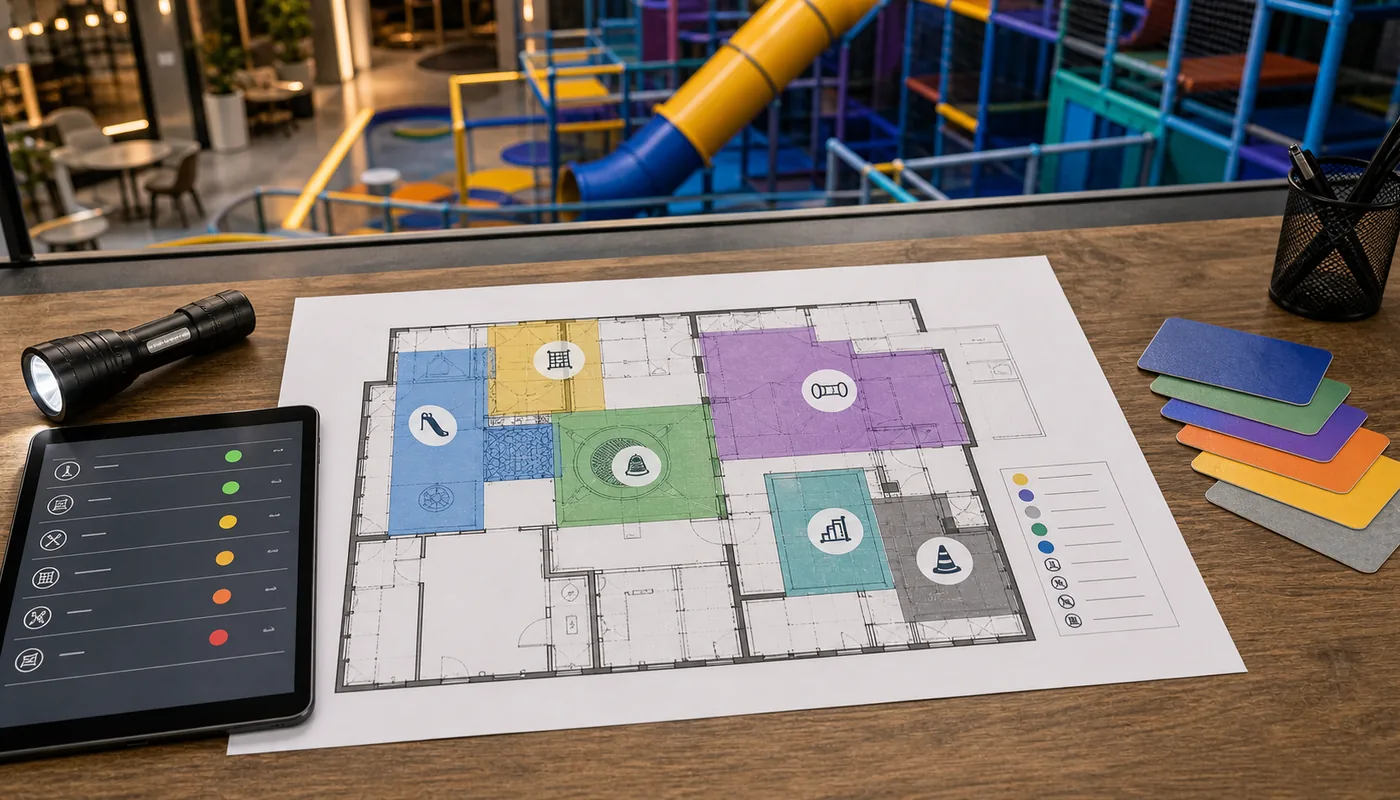 Indoor playground layout with highlighted inspection zones for soft play structures ball pits netting surfacing and seating.