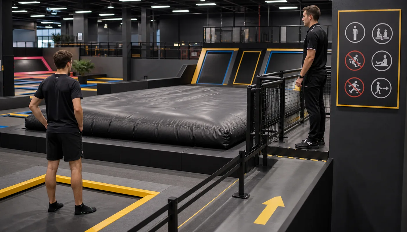 Trampoline park staff supervising an airbag jump with clear rules and exit flow.