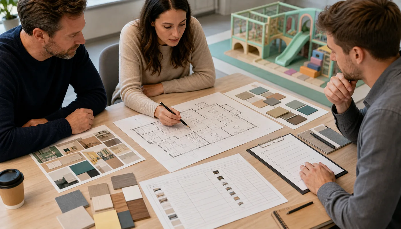 Venue owner and project team reviewing a floor plan, product schedule, and project document checklist without approval seals.