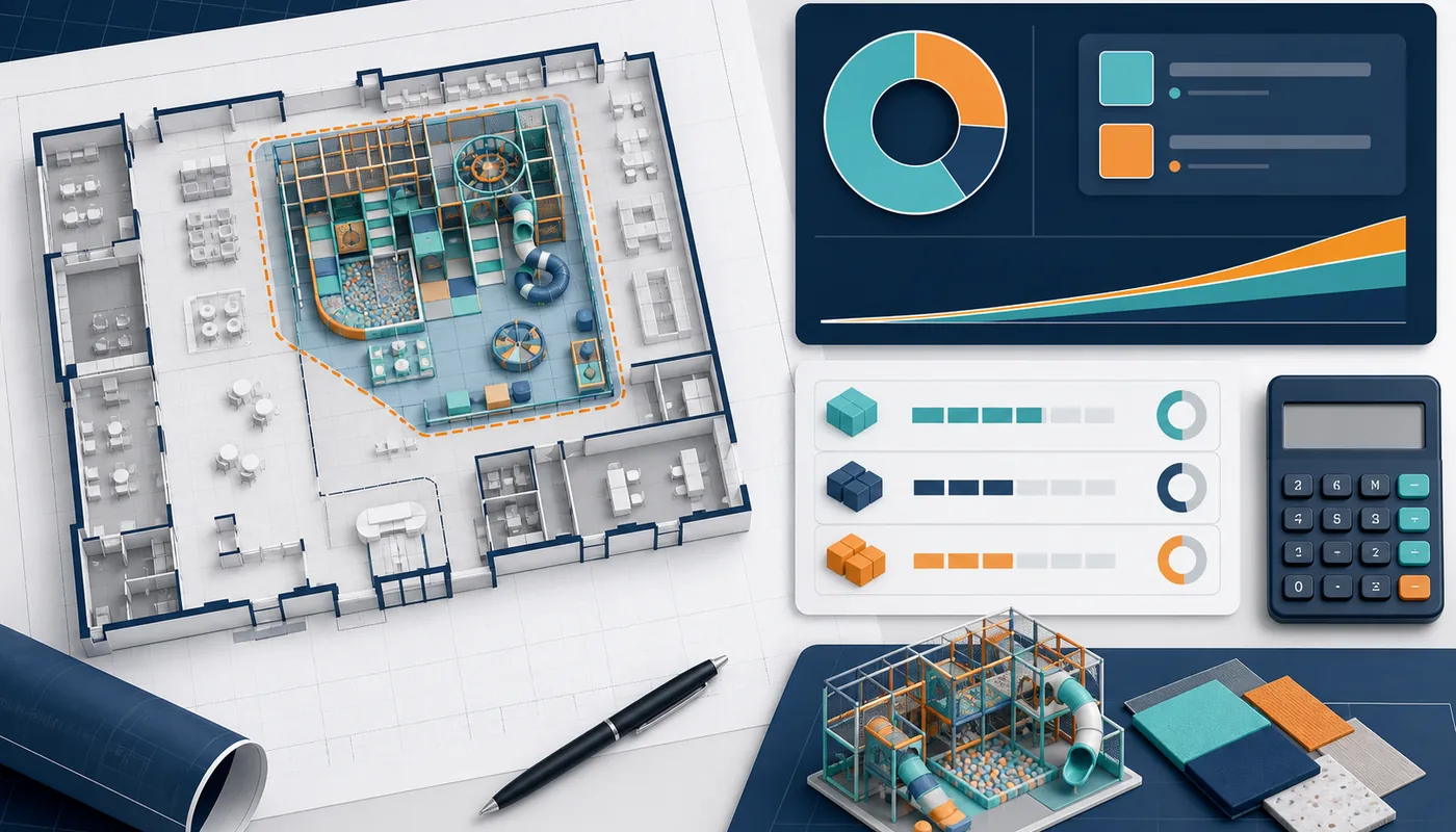 Equipped activity area cost model for indoor playground planning.