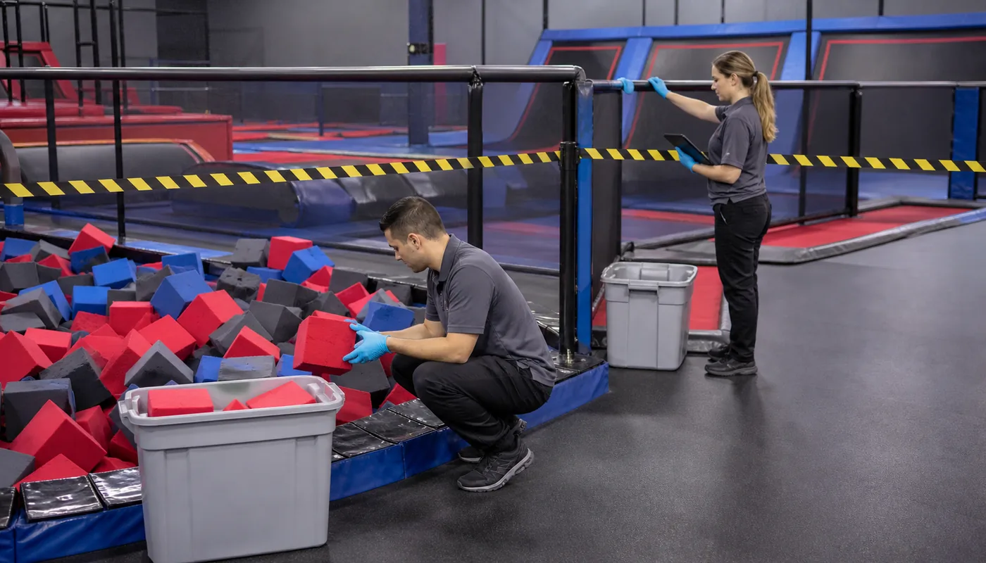 Commercial foam pit inspection showing access to padding, loose blocks, and components below the visible surface.
