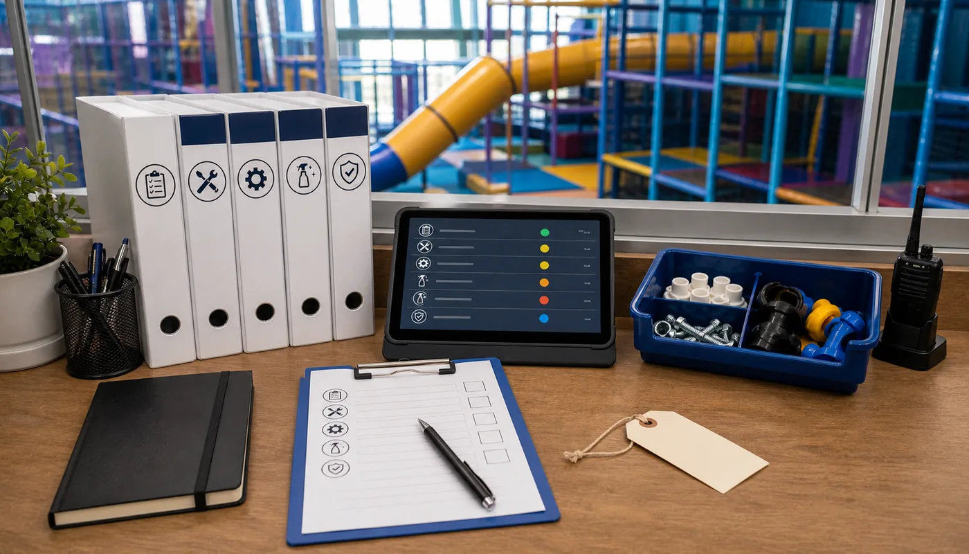 Indoor playground maintenance record system with cleaning logs inspection notes repair tickets and parts inventory.