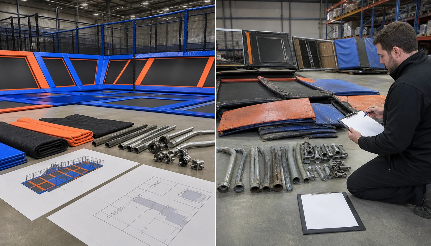 Comparison of new trampoline park equipment and used equipment inspection considerations.