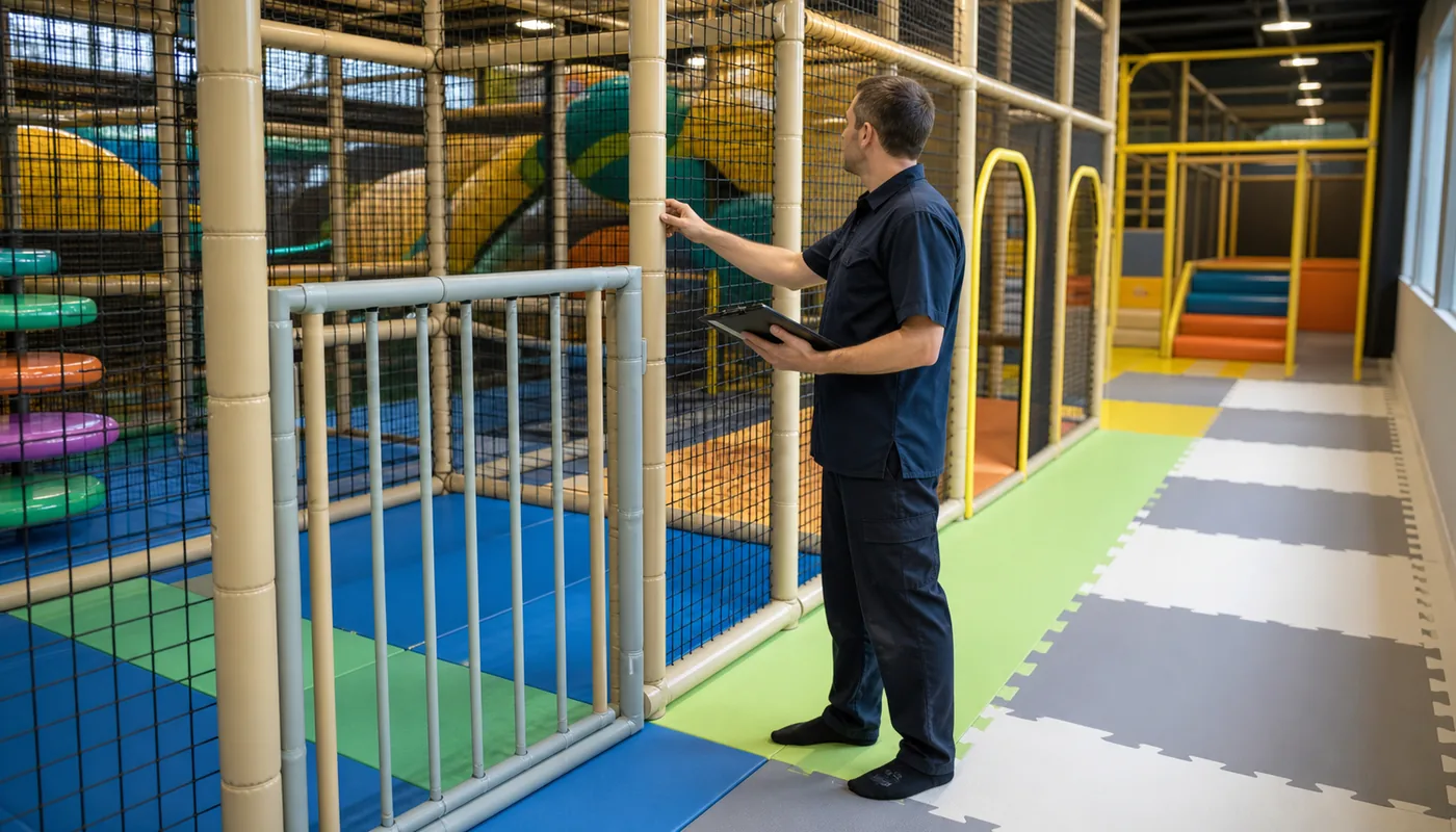 Technician inspecting padding, netting, mats, and maintenance access in a commercial indoor playground
