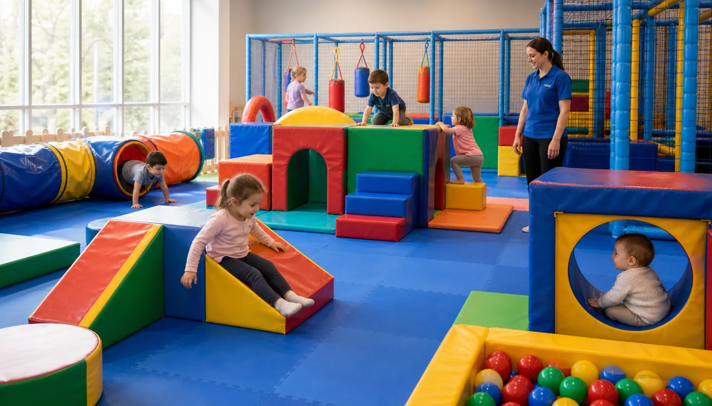 Children using a well-supervised soft play area with separate toddler and older-child zones.