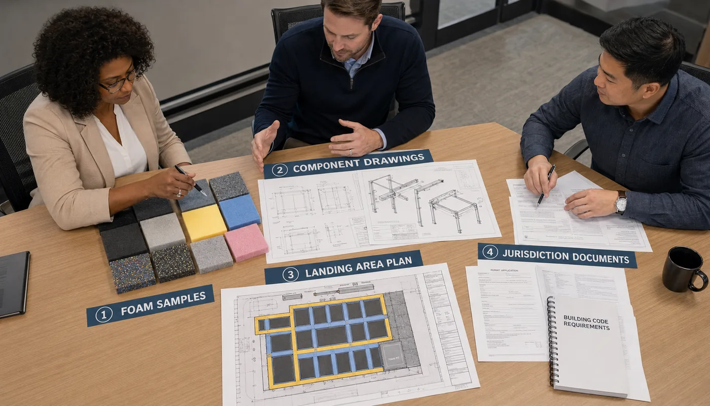 Commercial buyer using a four-layer checklist to review foam pit material component system and jurisdiction requirements