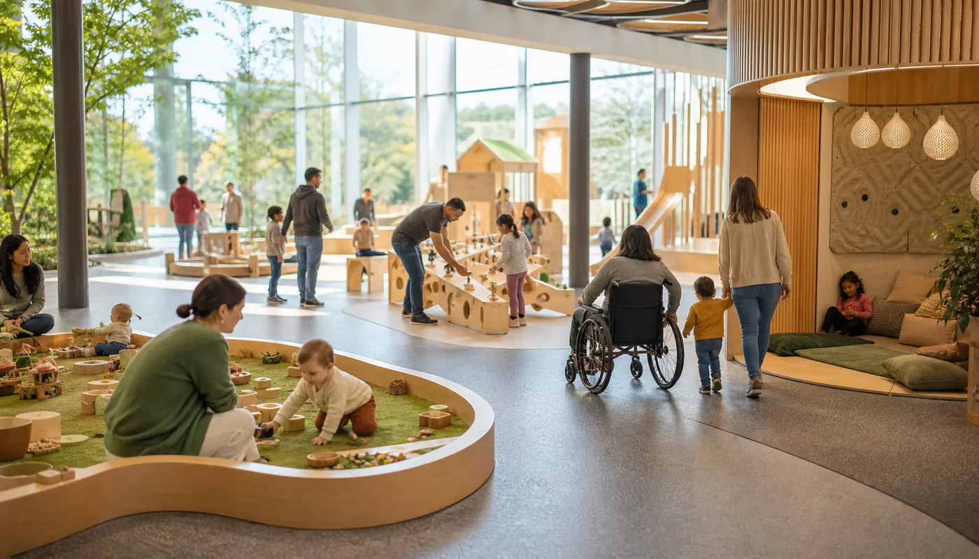 Commercial play environment with a toddler area shared family challenge accessible approach and calm sensory choice.