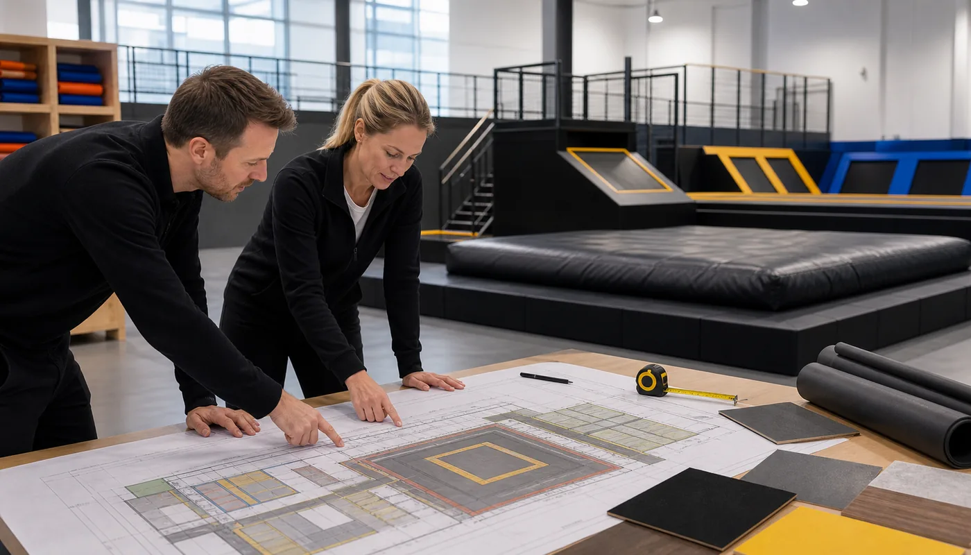 Commercial trampoline park planning scene with layout review for an airbag jump.