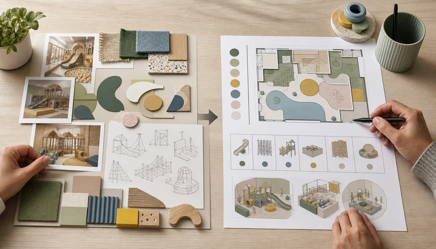 Mood-board inspiration being translated into a reviewed commercial indoor playground concept brief.
