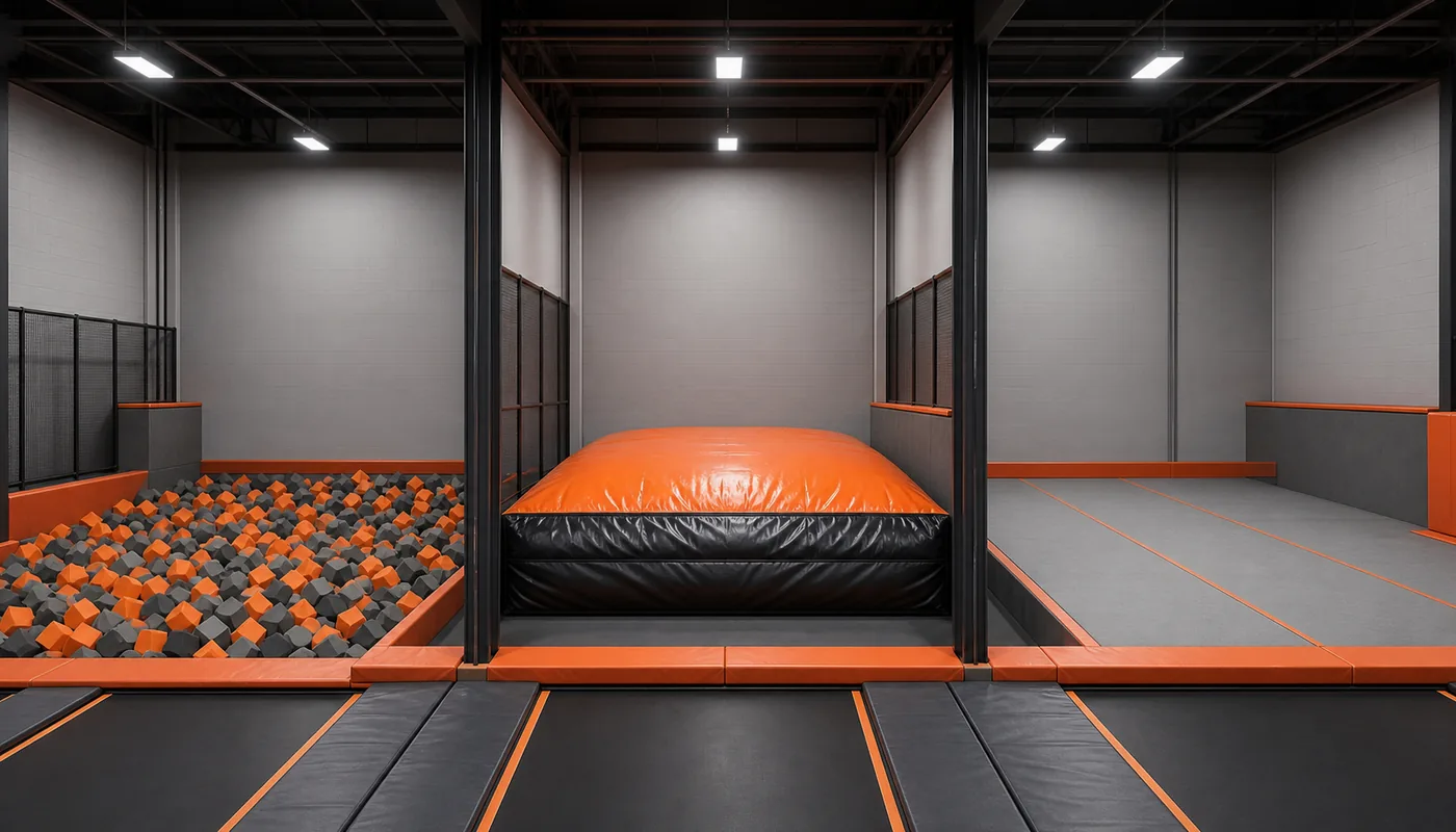 Side-by-side planning comparison of a foam pit, airbag landing, and padded floor.