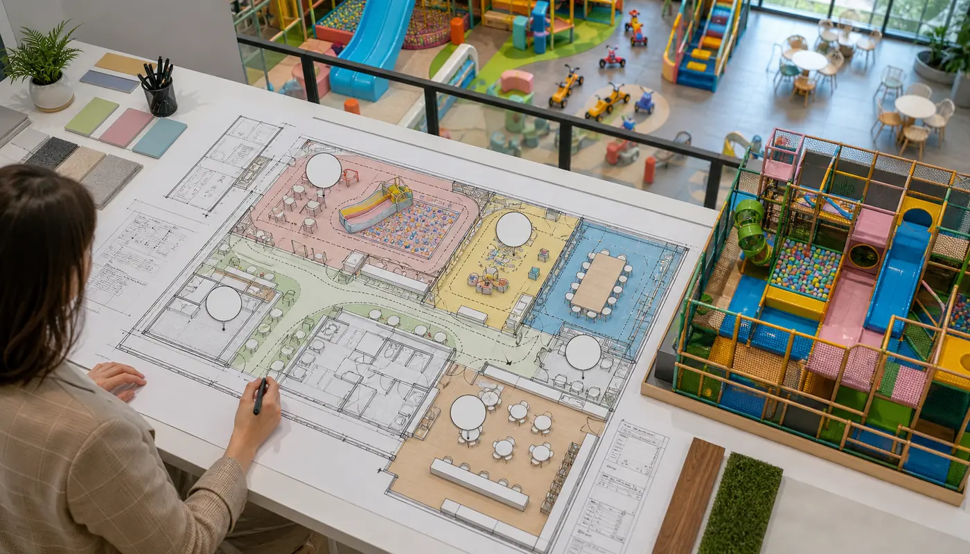 Indoor playground layout and capacity planning with zones for play, party rooms, cafe, and circulation.
