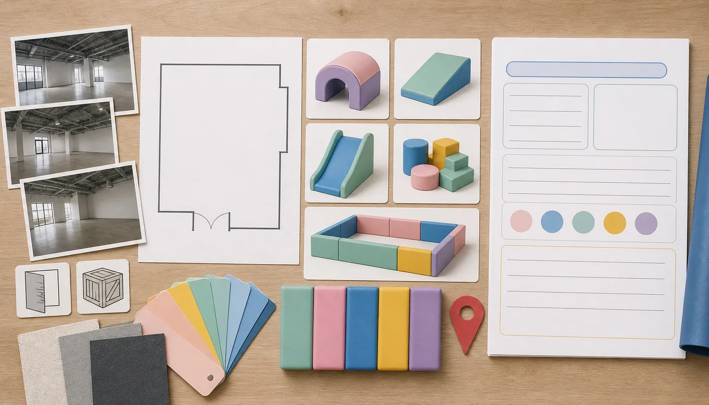 Quote-ready soft play project brief assembled from venue drawings, site photos, module priorities, destination, and service requirements.