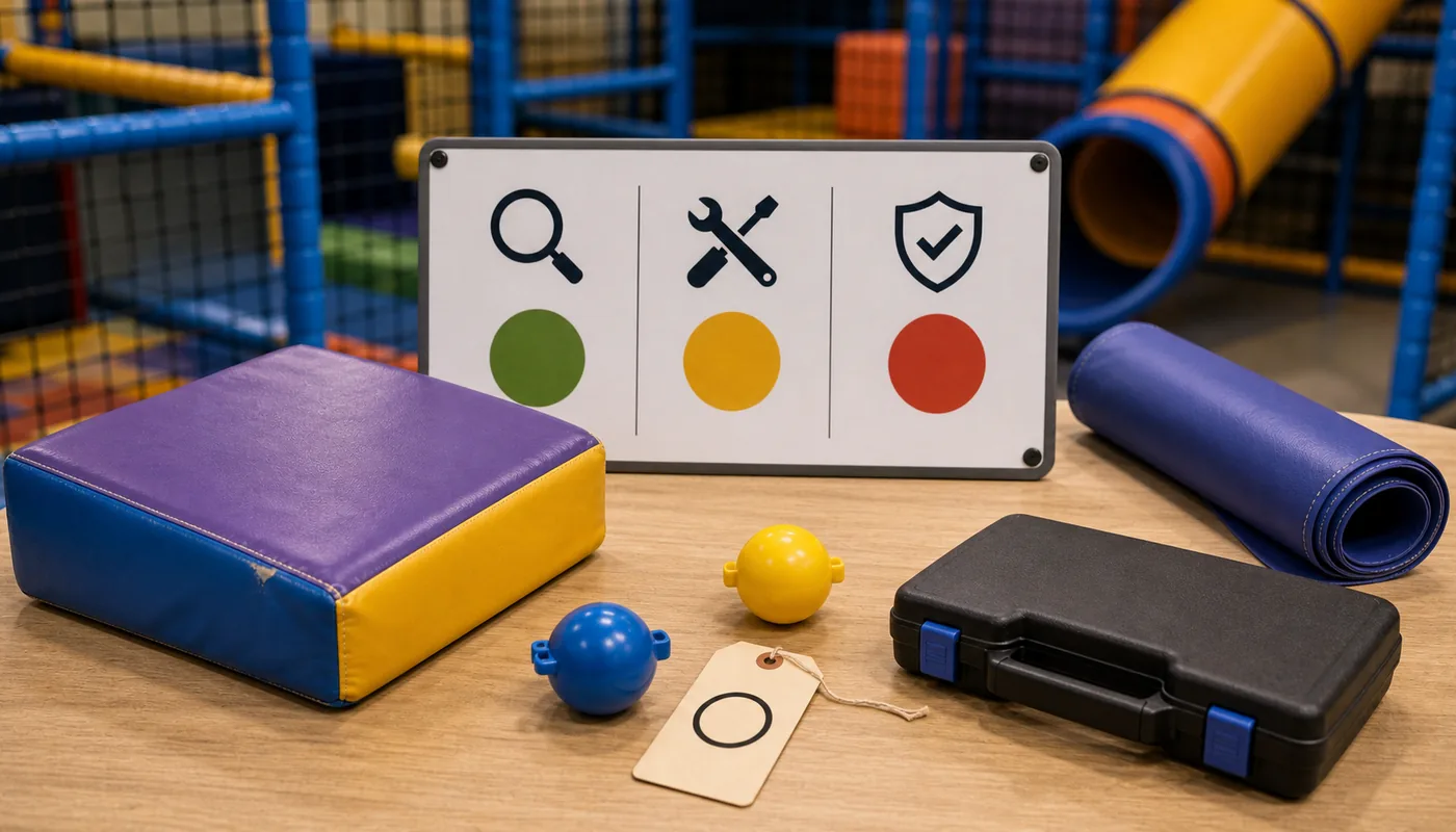 Repair versus replacement decision board with damaged soft play padding sample spare parts and stop use tag.