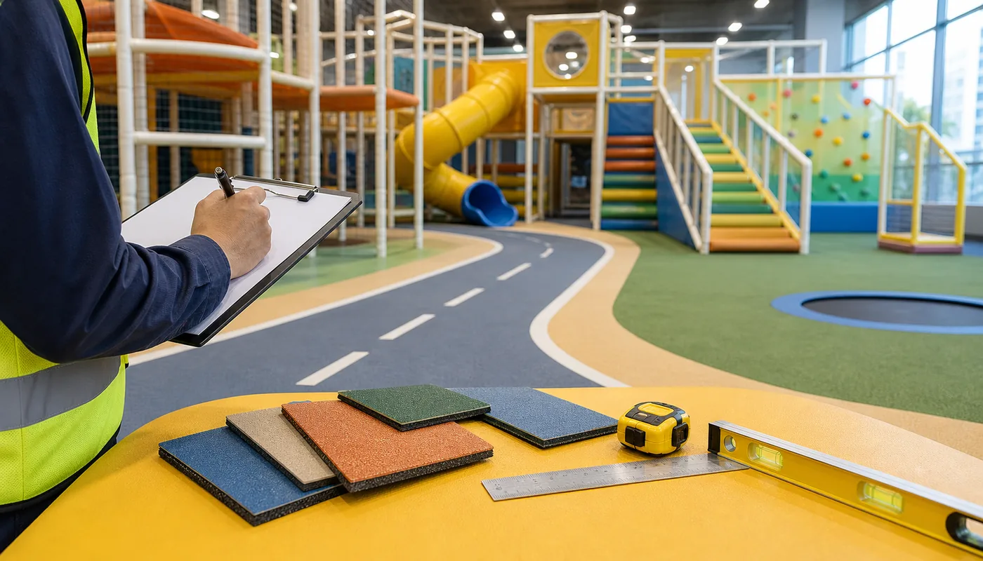 Indoor playground safety and accessibility review with surfacing and access routes