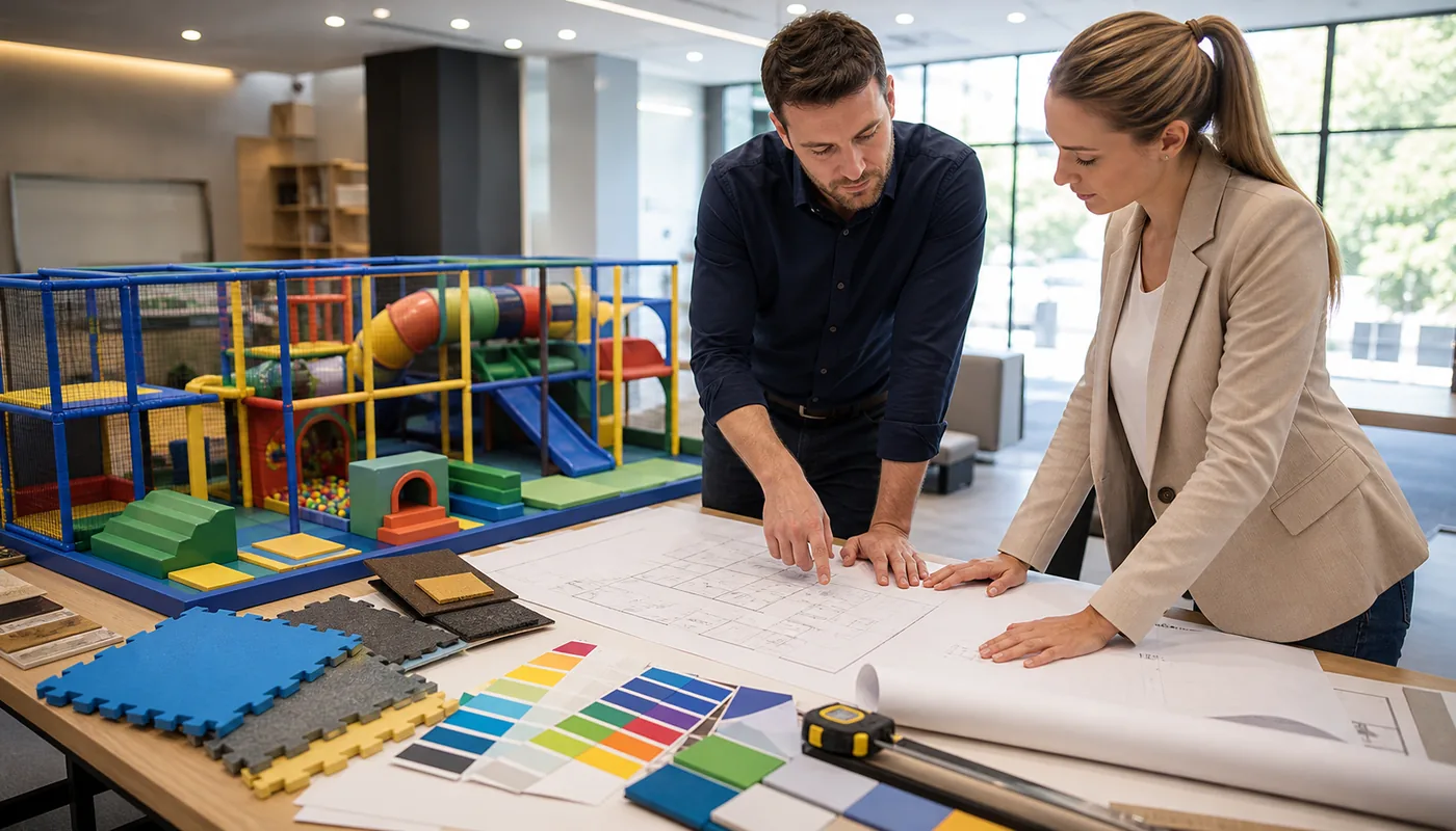 Commercial soft play business planning scene with layout drawings and equipment samples.