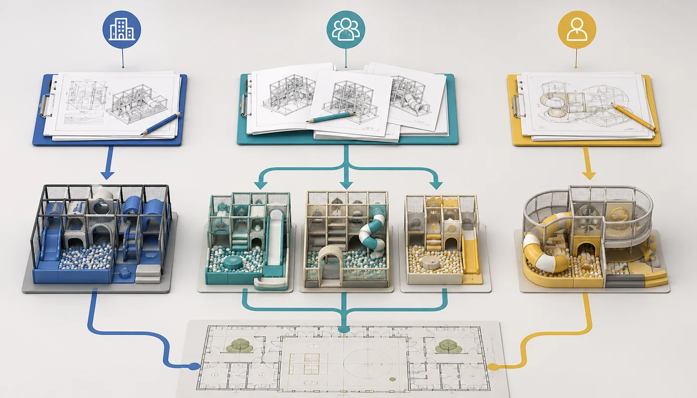 Indoor playground equipment drawings and quotations compared across required vendor, approved vendor, and independent supplier paths