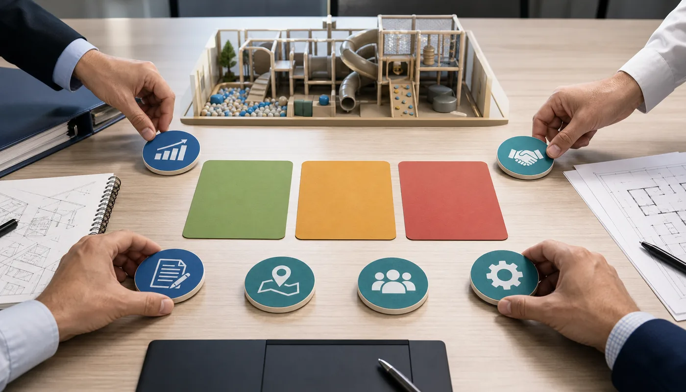 Indoor playground franchise decision scorecard with go, rework, and stop outcomes for economics, permits, contract, site, team, and supplier fit