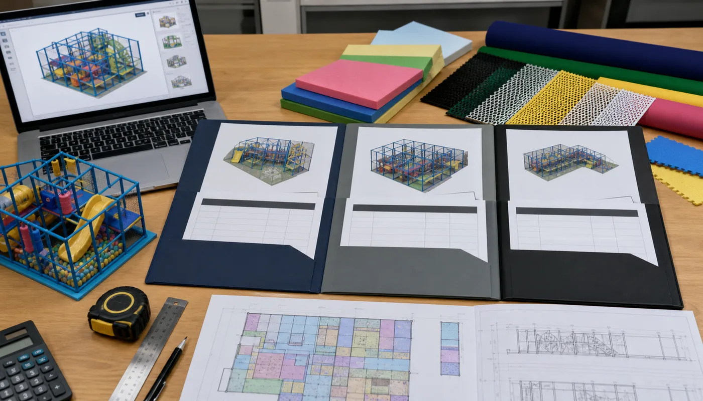Indoor playground supplier quote comparison worksheet with equipment material samples and layout drawings.