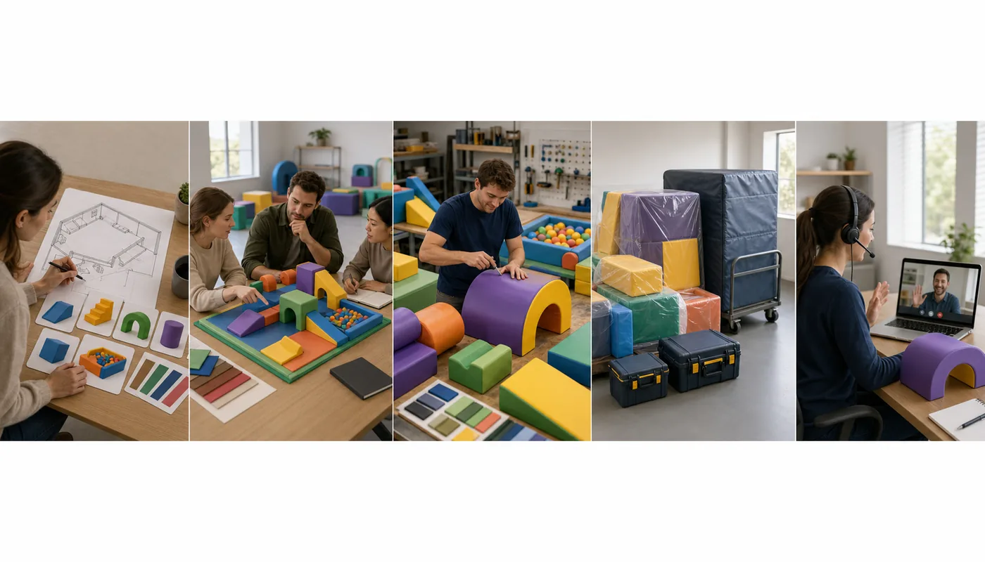 Commercial soft play project support moving from buyer brief and design discussion through production, logistics, installation support, and after-sales contact.