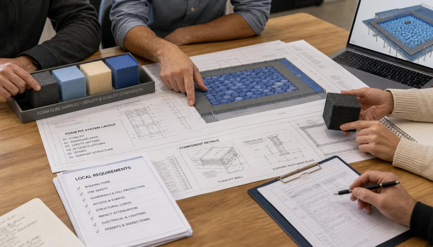 Project team selecting a foam pit specification by reviewing material component system and local requirements