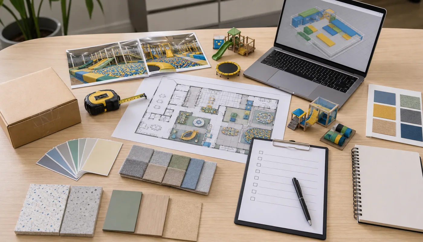 Indoor playground quotation readiness checklist with floor plan, material samples, equipment models, and project notes