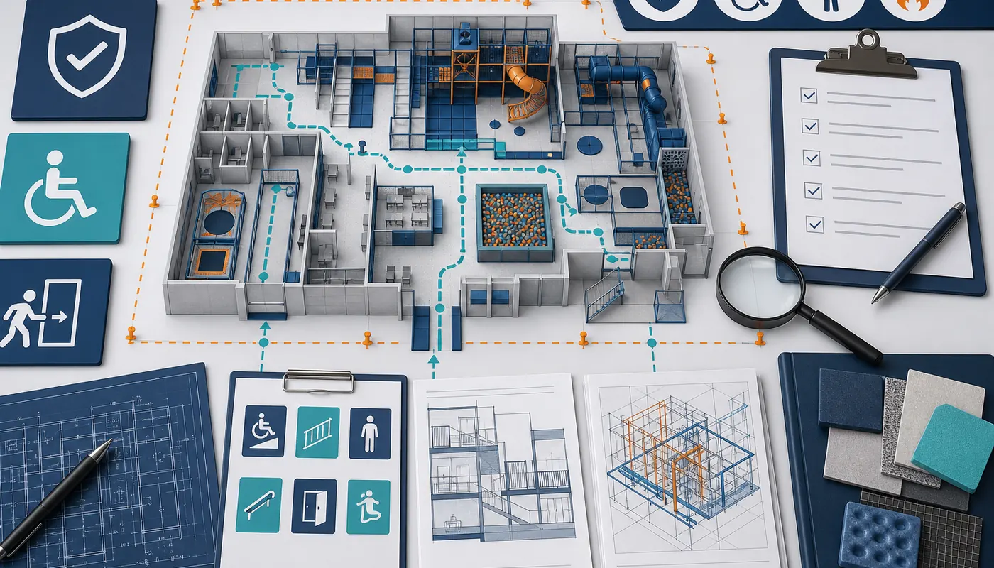 Safety accessibility and local review planning for indoor playground projects.