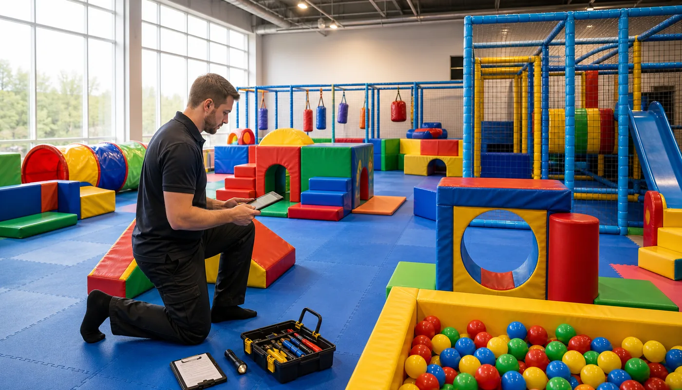 Soft play operator checking padded equipment, rules, and maintenance records before opening.