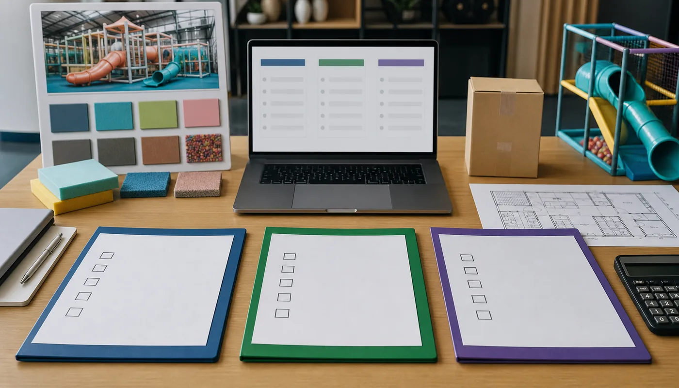 Indoor playground supplier quote comparison with proposal folders, floor plan, and material samples.