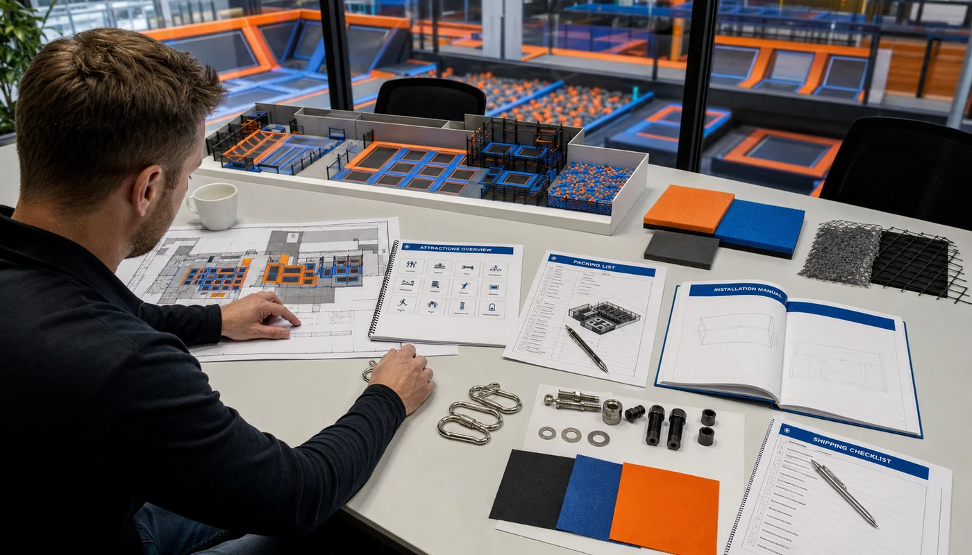 Trampoline park equipment quote checklist with layout, materials, spare parts, and installation documents.