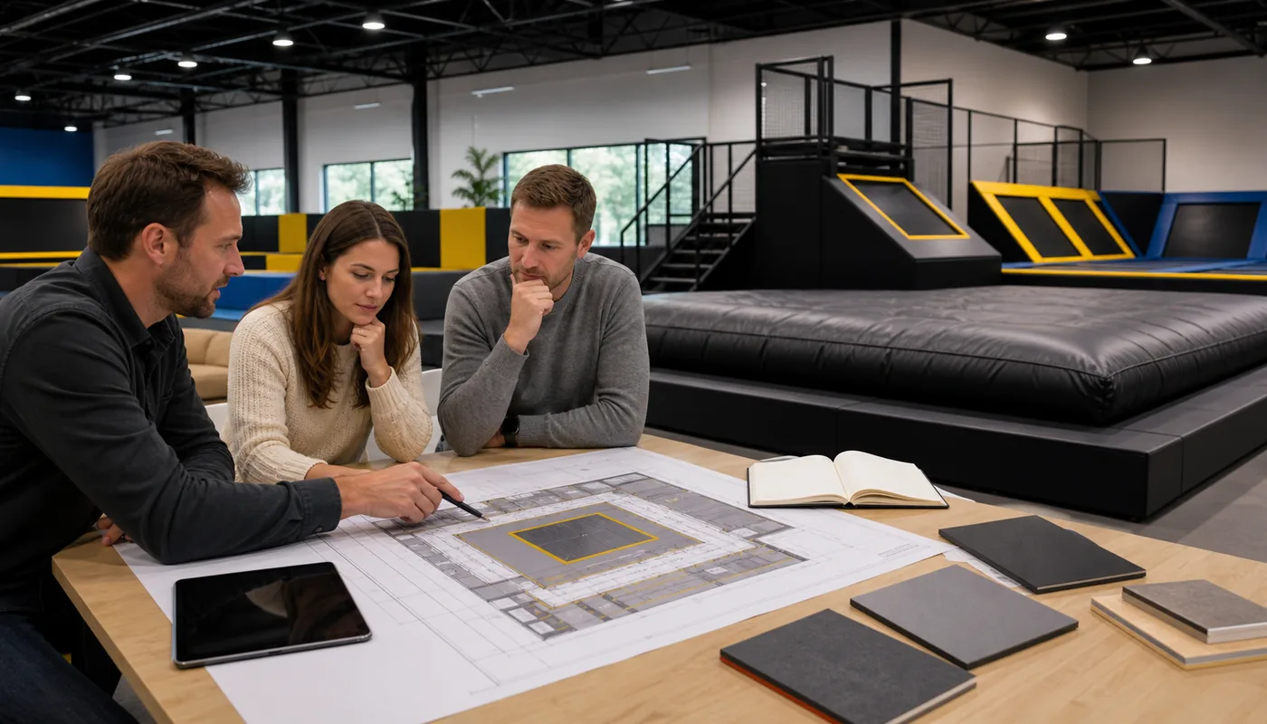 Venue owner reviewing an airbag jump plan with a project support team.