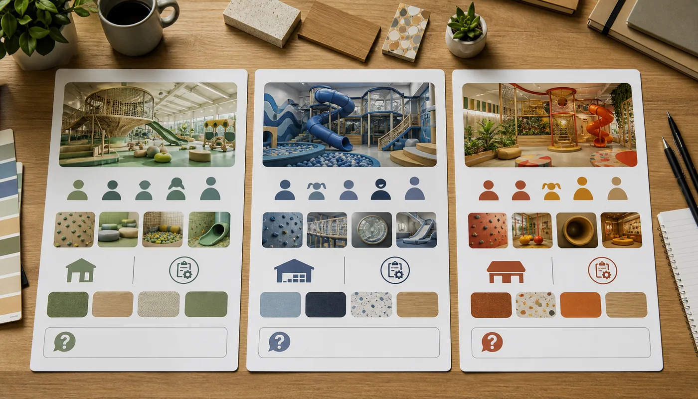 Concept-shortlist cards recording users activities venue fit operating questions and visual references.