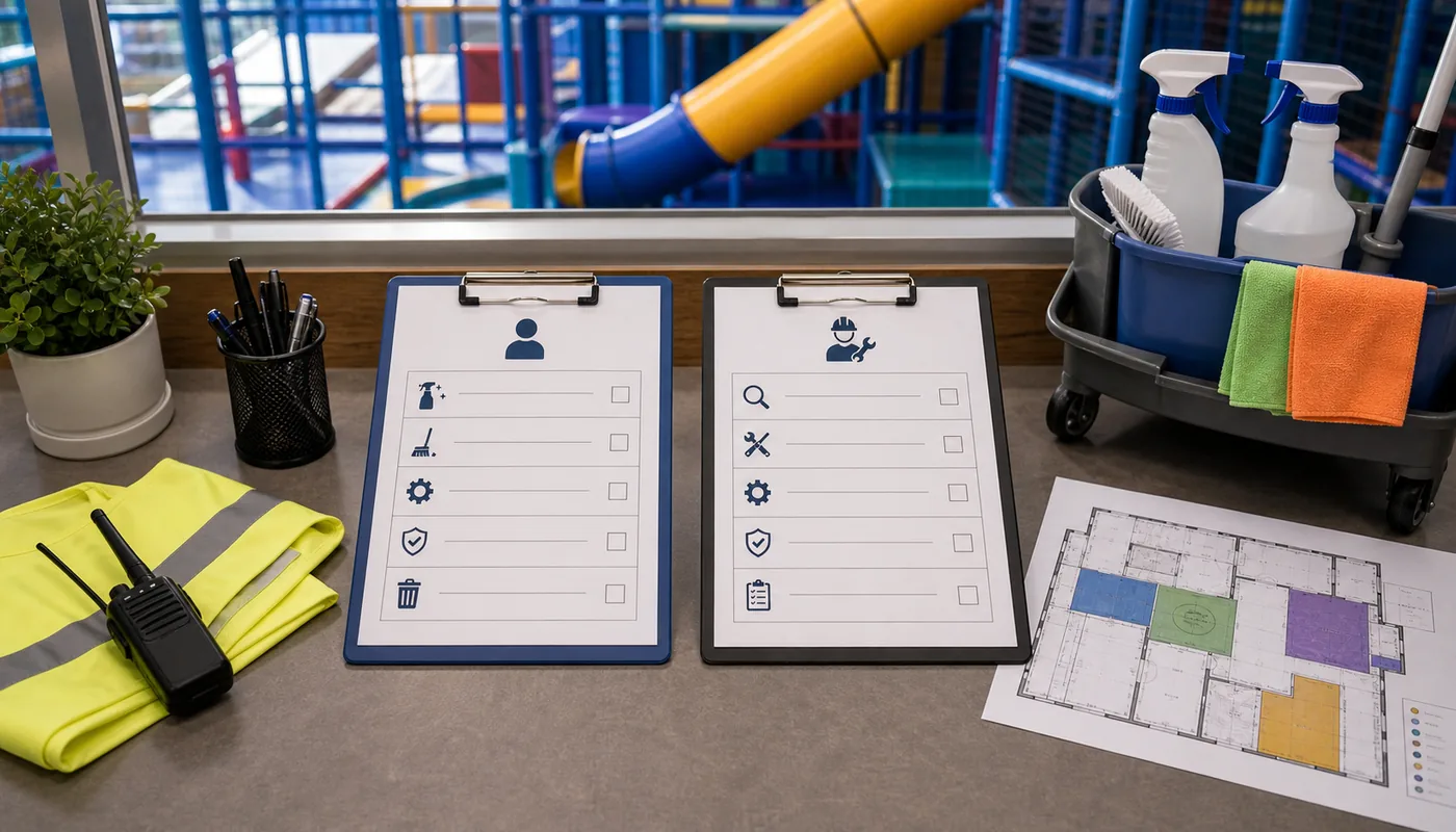 Indoor playground staff checklist and outside service clipboard comparing in-house and outsourced maintenance responsibilities.