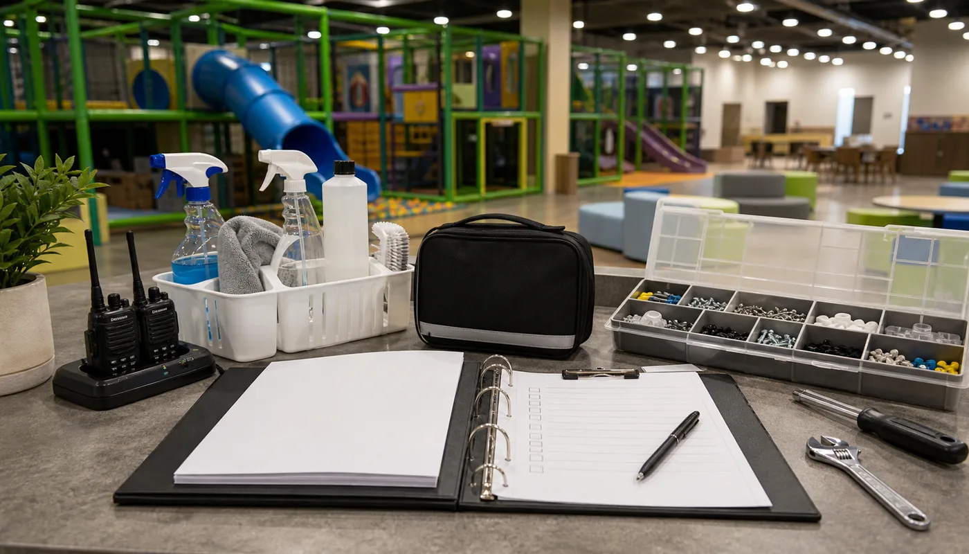 Indoor playground opening readiness scene with staff checklist, cleaning supplies, inspection binder, and front desk.