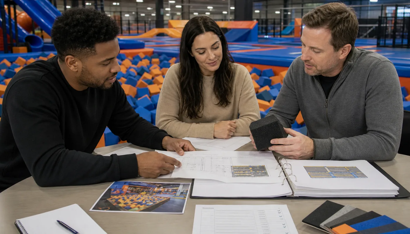 Buyer reviewing a commercial foam pit quotation, drawings, specifications, and handover documents.