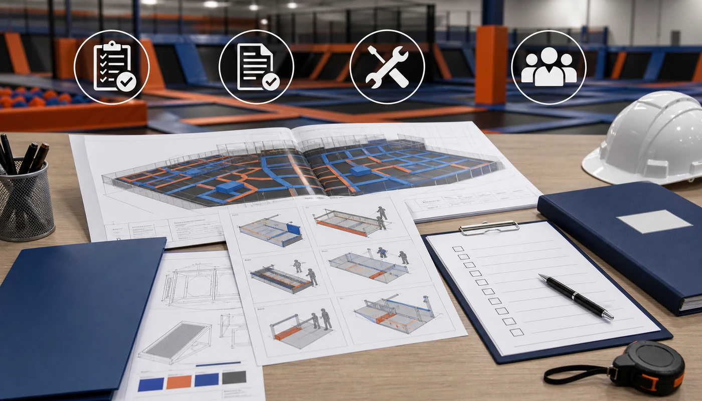 Safety documentation and project drawings used to review trampoline park equipment quotes.
