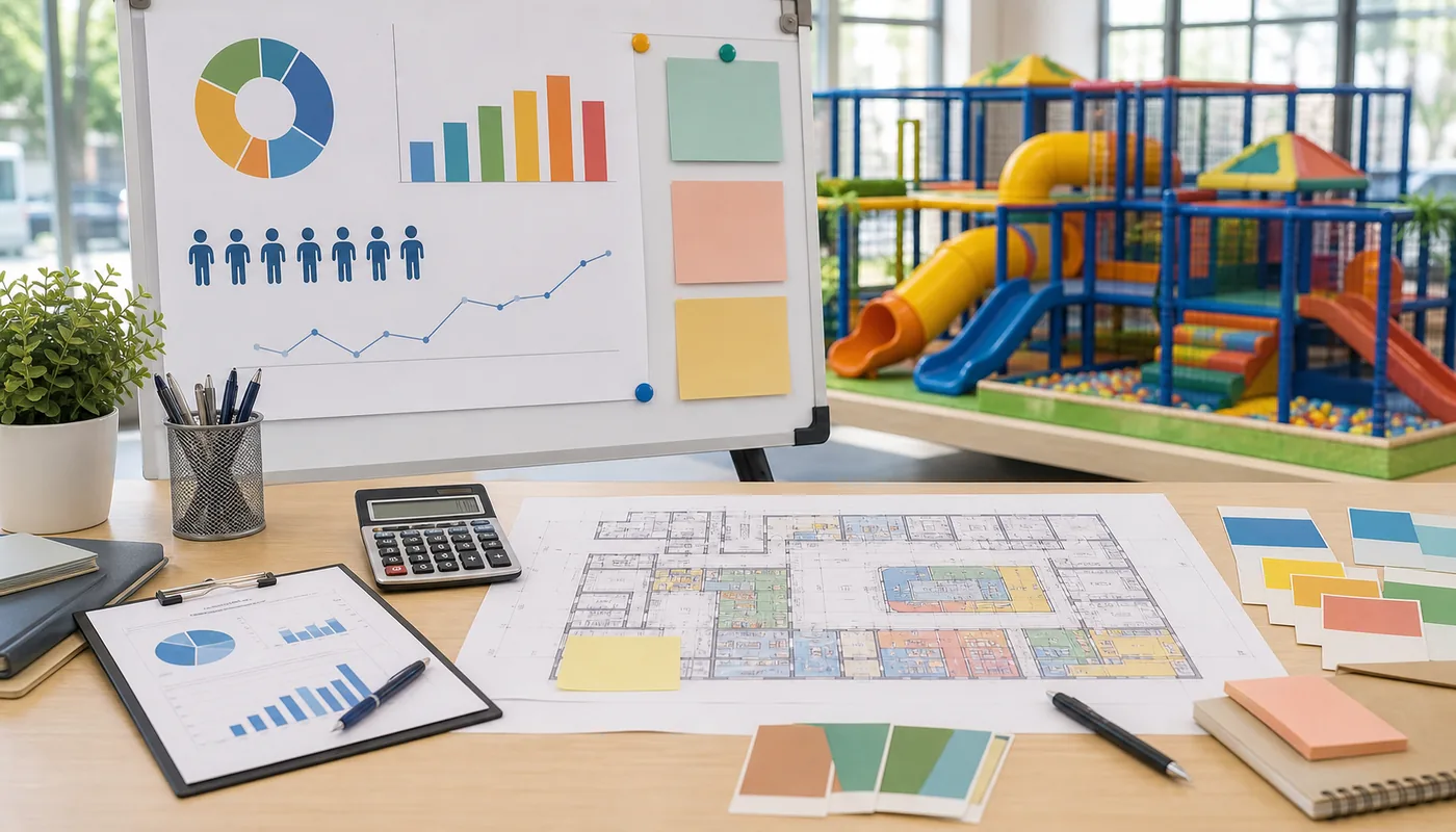 Indoor playground break-even planning board with fixed costs and ticket revenue