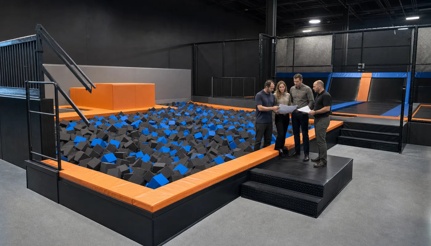 Venue owner and project team reviewing a complete commercial foam pit plan before approval.