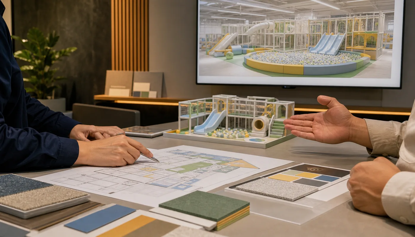 Venue owner and designer reviewing an indoor playground floor plan, equipment model, and material samples