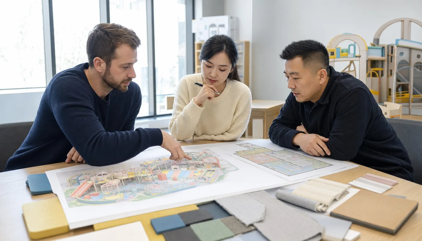 Commercial venue team discussing an indoor playground concept board and project requirements.