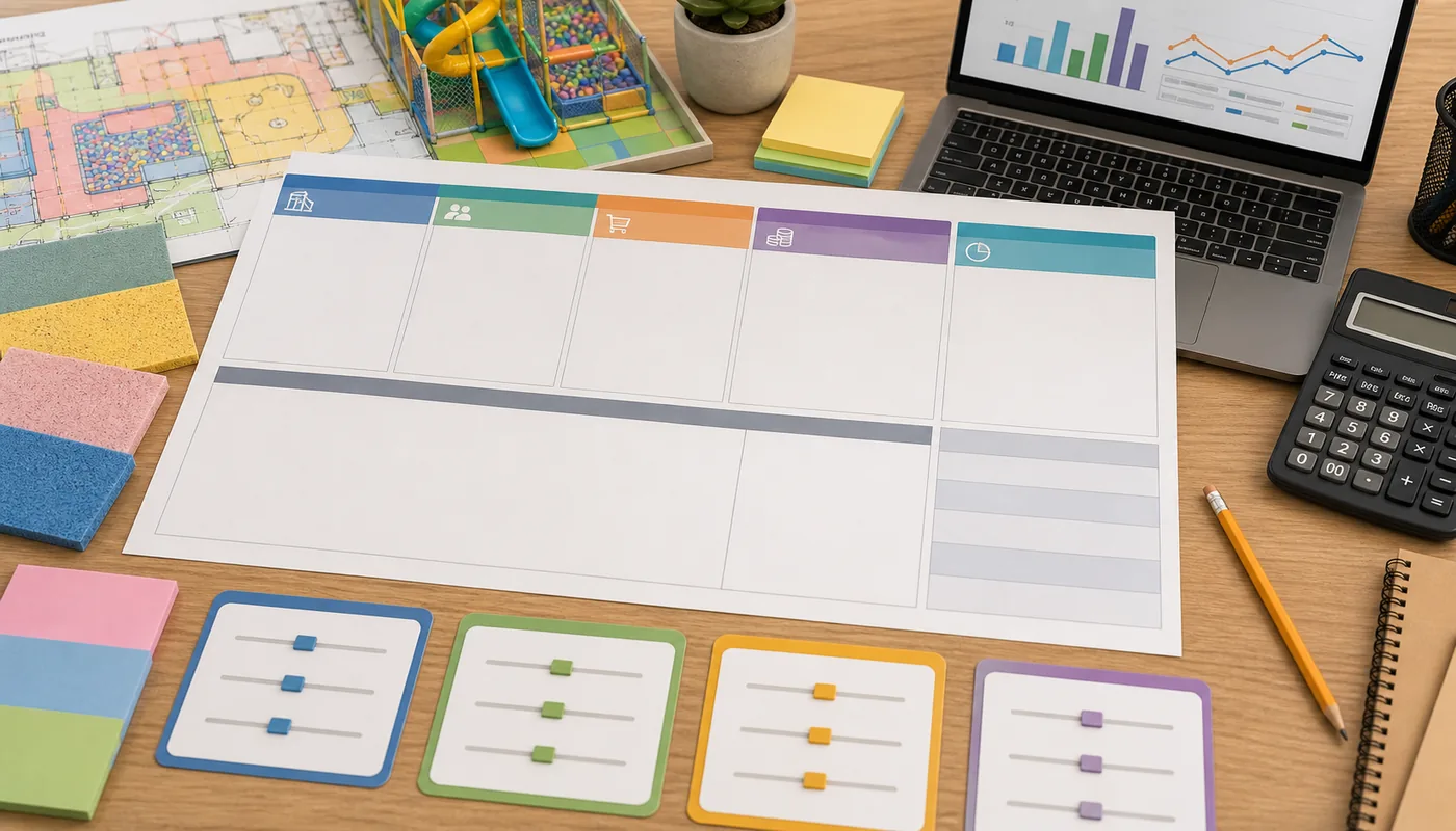 Indoor playground ROI template with abstract input areas, scenario cards, and a calculator.