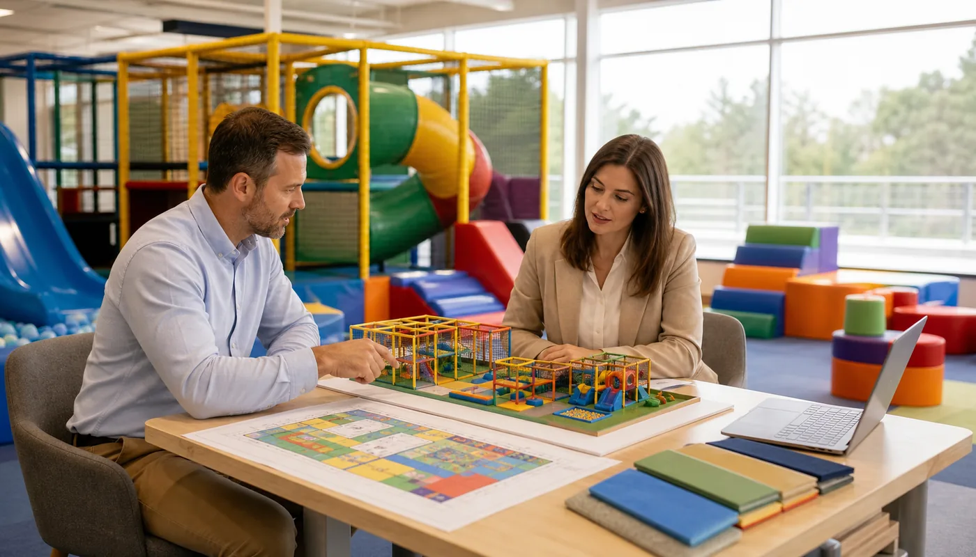 Venue owner reviewing a soft play project plan with an indoor playground supplier.