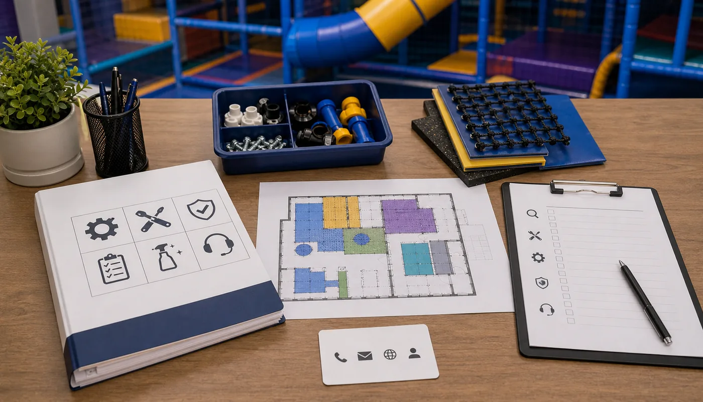 Indoor playground supplier support desk with maintenance manual spare parts list layout drawing and project contact notes.