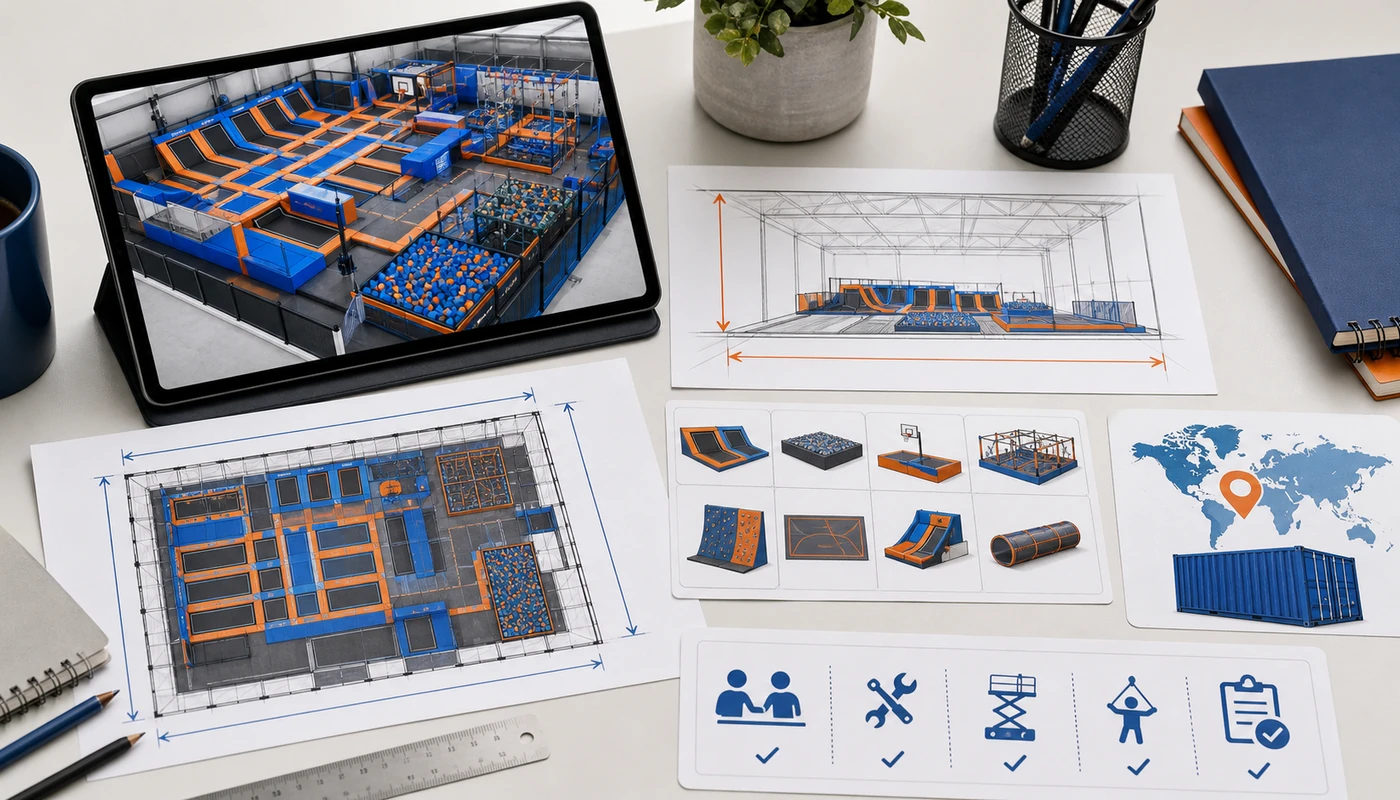 Buyer preparing venue details and attraction requirements for a trampoline park equipment quote.